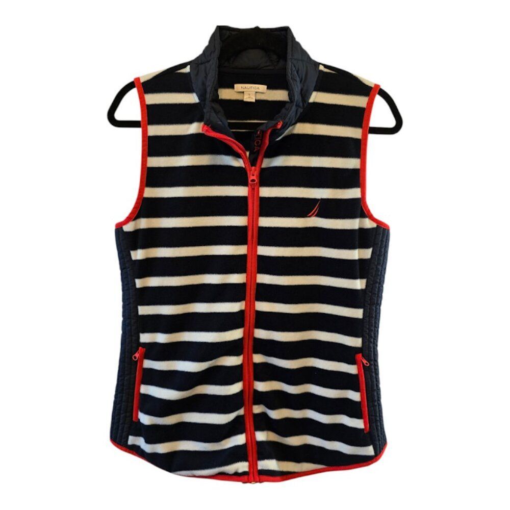 NAUTICA SIZE LARGE STRIPED FLEECE RED WHITE NAVY BLUE VEST FRONT POCKETS